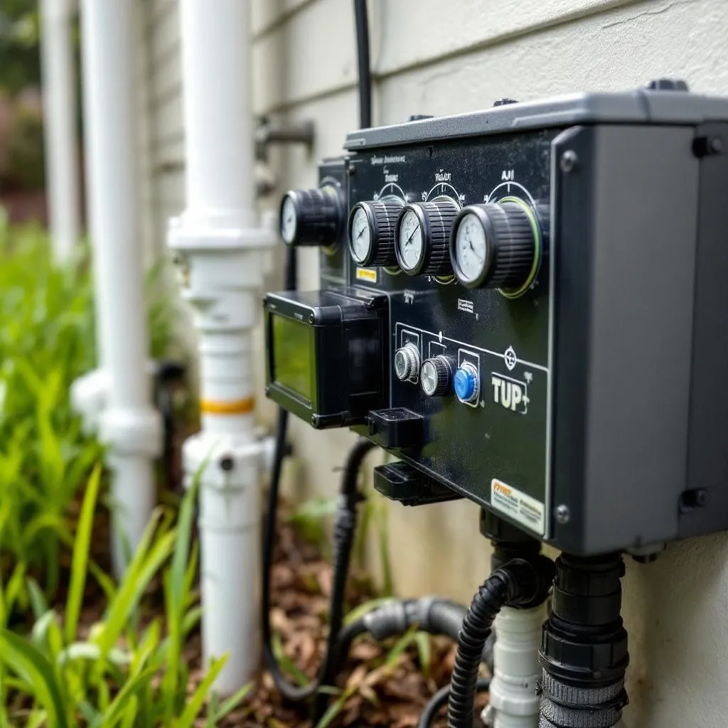 Technician inspecting an aerobic treatment unit (ATU) control panel and air pump in a Lafayette Parish backyard