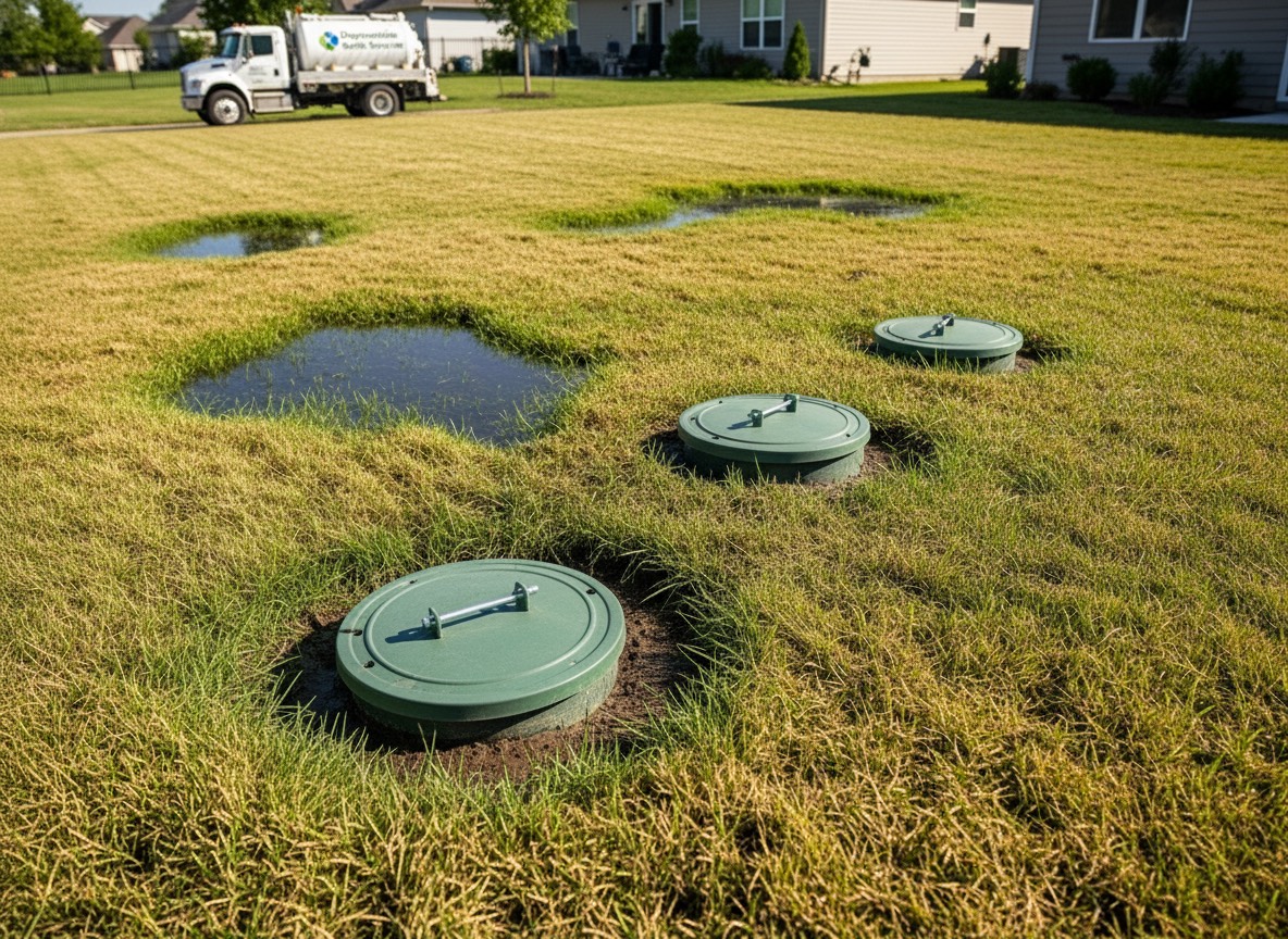 Septic pumping truck servicing tank in Lafayette, LA yard