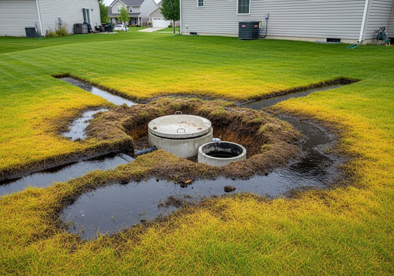 Failing septic system with backup and ponding water in Lafayette