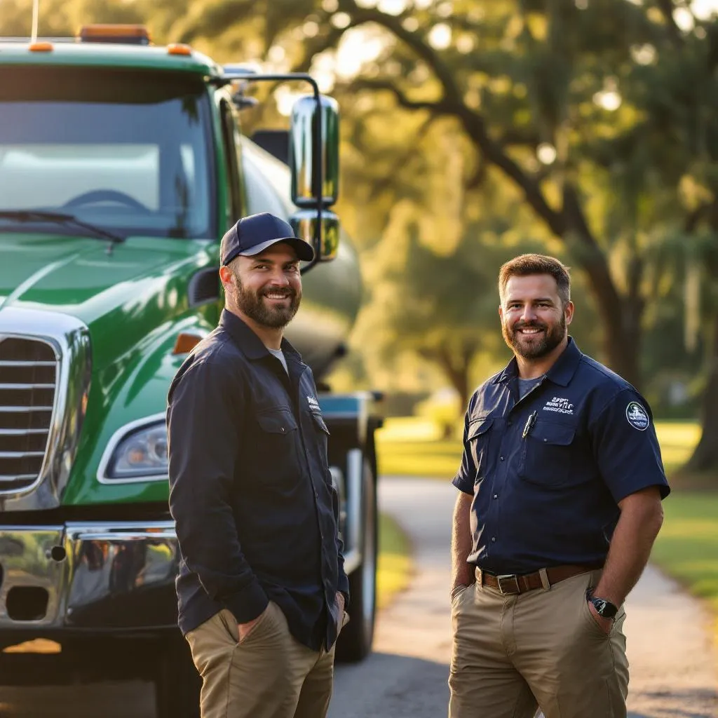 Bayou Teche Septic technicians beside the service truck on a Lafayette Parish job
